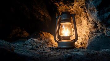 An old fashioned lantern is lit up in a cave photo