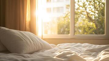A bed with white sheets and pillows in front of a window photo