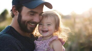 A man and a little girl are smiling in a field photo