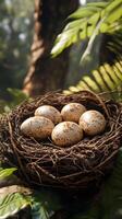 Four eggs in a nest with leaves on a tree photo