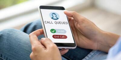 Call center agent using smartphone to call customer photo