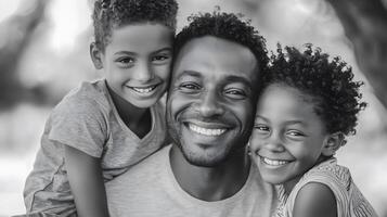 A black and white photo of a man and two children