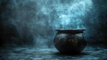 An old pot with smoke coming out of it photo