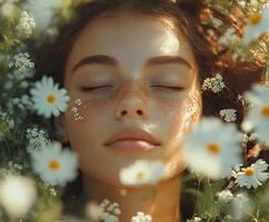 A woman with her eyes closed in a field of daisies photo