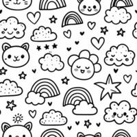 a black and white pattern with cats, clouds and rainbows vector