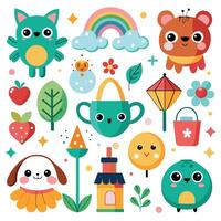 cute animals and objects in a flat design vector