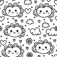a black and white pattern with cartoon clouds and hearts vector