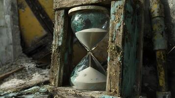 A sand timer is sitting in a wooden frame photo
