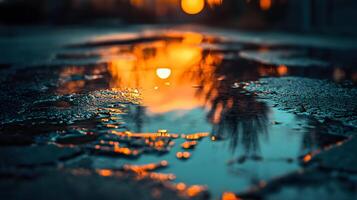 Sunset reflection on wet pavement photo