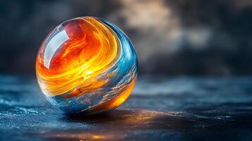 A marble ball with a colorful swirl on it photo