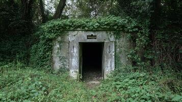 An old bunker in the woods with vines growing over it photo