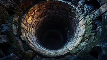 A dark tunnel with a light coming out of it photo