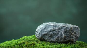 A rock sitting on top of a green grassy field photo