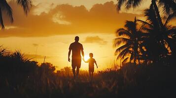 A man and child walking in the sunset photo