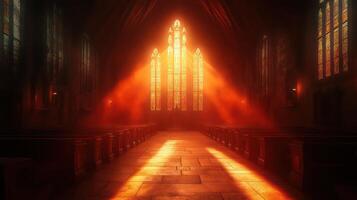 A church with a bright light shining through the stained glass photo