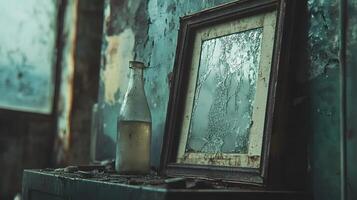 An old frame sits on a shelf next to a bottle photo