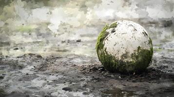 A white and green ball sitting in a muddy field photo