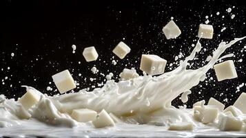 A splash of milk is shown with cubes of cheese photo