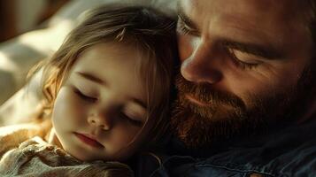 A man and a little girl are sleeping together photo