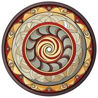 a circular stained glass design with a spiral pattern vector