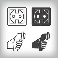 Artistic design of plug socket and hand charger. Simple linear and flat electric charging icon set. vector