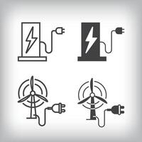 Charging station and mill energy production artistic design. Simple linear and flat electricity charging icon set. vector