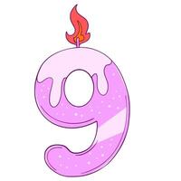 birthday candle number 9. A pink candle with a lit wick on top of a number 9 vector