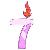 Number 7 Hbd. birthday candle number 7. A pink candle with a lit wick on top of a number 7 vector