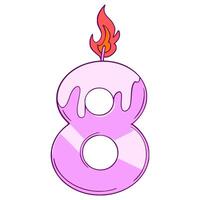 birthday candle number 8. A pink candle with a lit wick on top of a number 8 vector