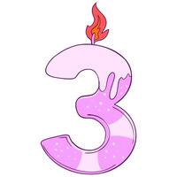 birthday candle number 3. A pink candle with a flame on it that says 3 vector