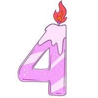 birthday candle number 4. A pink candle with a lit wick on top of a number 4 vector