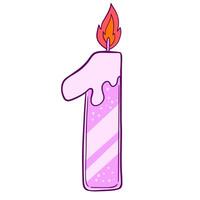 Number 1 Hbd. birthday candle number 1. A pink candle with a lit wick on top of a number 1 vector