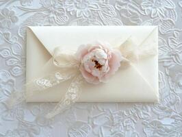 Elegant ivory envelope with silk ribbon and floral lace for special occasions photo