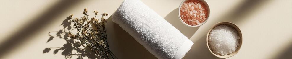Spa essentials with rolled white towel, herbal compress, and bath salts in relaxing setting photo