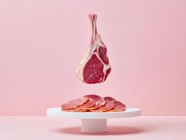 Minimalist display of raw tomahawk steak in studio setting for culinary arts photo