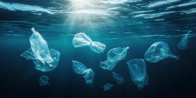 Translucent plastic jellyfish floating in ocean depths highlighting environmental impact photo