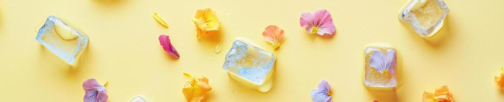 Yellow flat lay of melting floral ice cubes and colorful petals for creative summer design photo