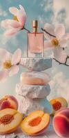Luxurious fragrance concept with dusty rose and peach elements for elegant design photo