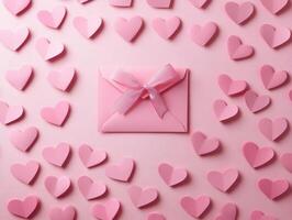 Romantic heart shapes and envelope on pastel pink background for love theme photo