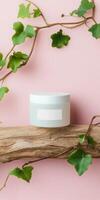 Flat lay mockup of white cosmetic jar with label on pink background for branding design photo