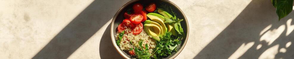 Ultra realistic healthy salad bowl with avocado and tomatoes in sunlight photo