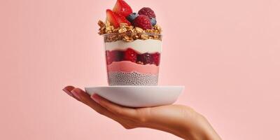 Ultra realistic dessert in a glass held by hand against pink background photo
