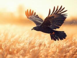 Majestic black eagle soaring through golden sunset in mid flight photo