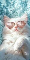Relaxed fluffy white cat with heart sunglasses on soft blue blanket photo