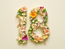 Floral number 18 design with scattered flower petals for special occasions photo