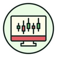 Computer and Candlestick Chartvector Trading circle shaped colored icon or symbol vector