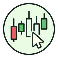 Computer Mouse Click on Candlestick Chart Stock Market Trading round colored icon or sign vector
