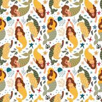 pattern with mermaids and marine life vector