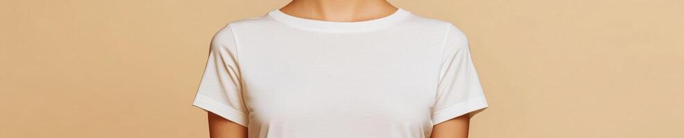 Portrait of a woman in bright white short sleeve t shirt on beige background photo