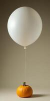 Minimalist matte white balloon floating above pumpkin with autumn theme photo
